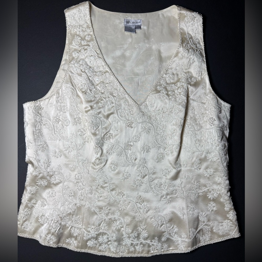 Worth Ivory Embroidered V-Neck Satin Tank